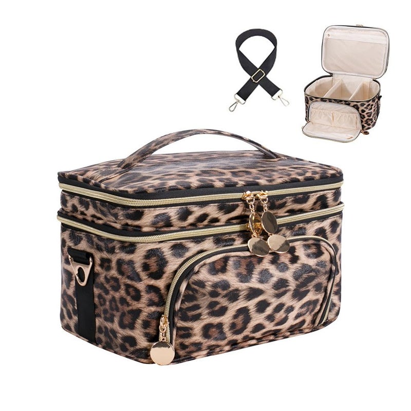 FITINI Double Layer Travel Leopard Makeup BagExtra Large Women Cosmetic Organizer CaseSkin Care Essentials Toiletries Bags with Shoulder Strap Waterproof Brush Storage with Removable Dividers - Image 2