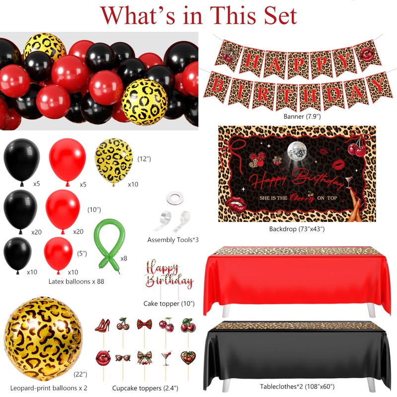 THAWAY Cheetah Print Birthday Decorations, 124 Pcs Leopard Birthday Decorations Includes Cheetah and Cherry Print Balloons, Banner and Tablecloth, Red and Black Party Decorations Supplies for Women Party - Image 2