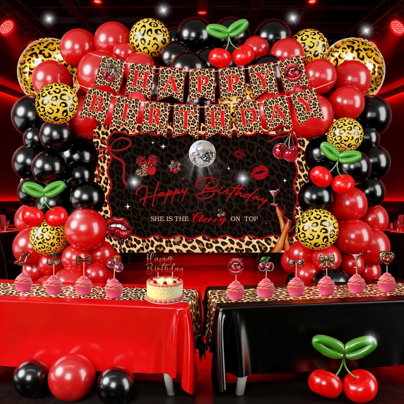 THAWAY Cheetah Print Birthday Decorations, 124 Pcs Leopard Birthday Decorations Includes Cheetah and Cherry Print Balloons, Banner and Tablecloth, Red and Black Party Decorations Supplies for Women Party - Image 1