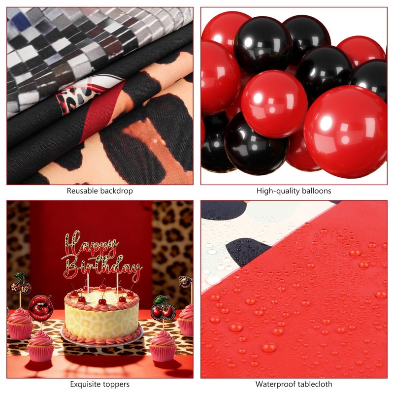 THAWAY Cheetah Print Birthday Decorations, 124 Pcs Leopard Birthday Decorations Includes Cheetah and Cherry Print Balloons, Banner and Tablecloth, Red and Black Party Decorations Supplies for Women Party - Image 3