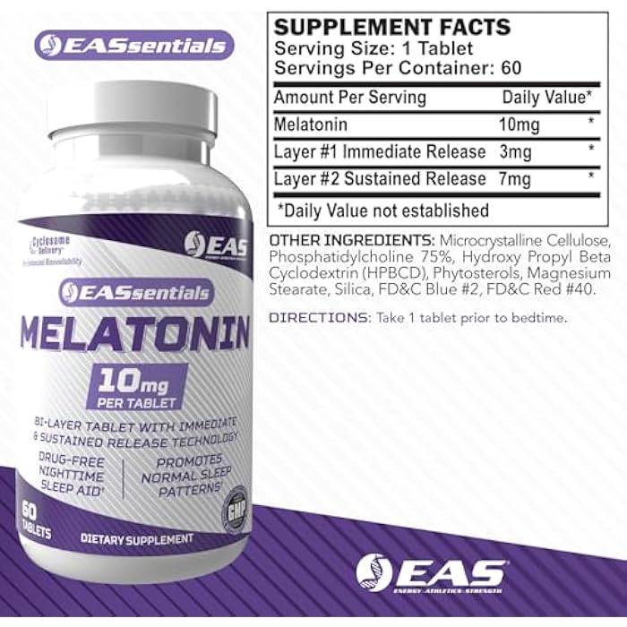 EAS Melatonin 10mg | Drug-Free Nighttime Sleep Aid | Immediate & Sustained Release Technology | Better Absorption with Cyclosome Delivery | 60 Tablets - Image 2