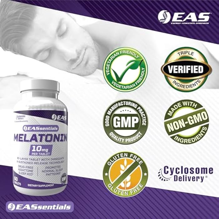 EAS Melatonin 10mg | Drug-Free Nighttime Sleep Aid | Immediate & Sustained Release Technology | Better Absorption with Cyclosome Delivery | 60 Tablets - Image 5