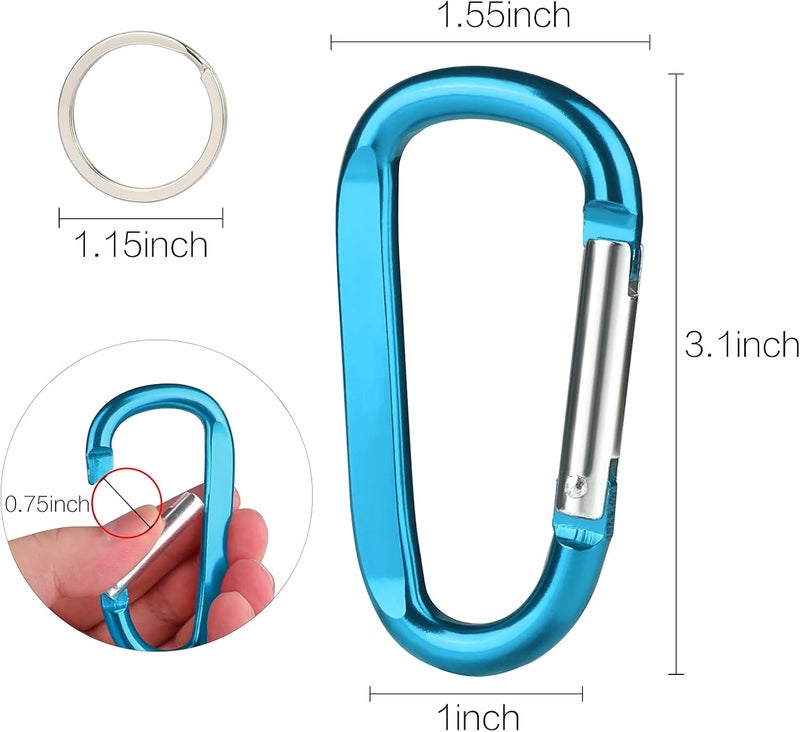 CampTek 6PCS Black Carabiner Caribeaner Clip3 Large Aluminum D Ring Shape Carabeaner with 6PCS Keyring Keychain Hook - Image 2