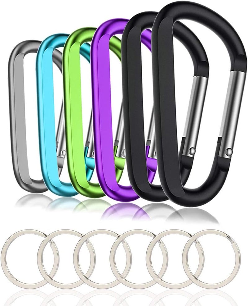 CampTek 6PCS Black Carabiner Caribeaner Clip3 Large Aluminum D Ring Shape Carabeaner with 6PCS Keyring Keychain Hook - Image 1