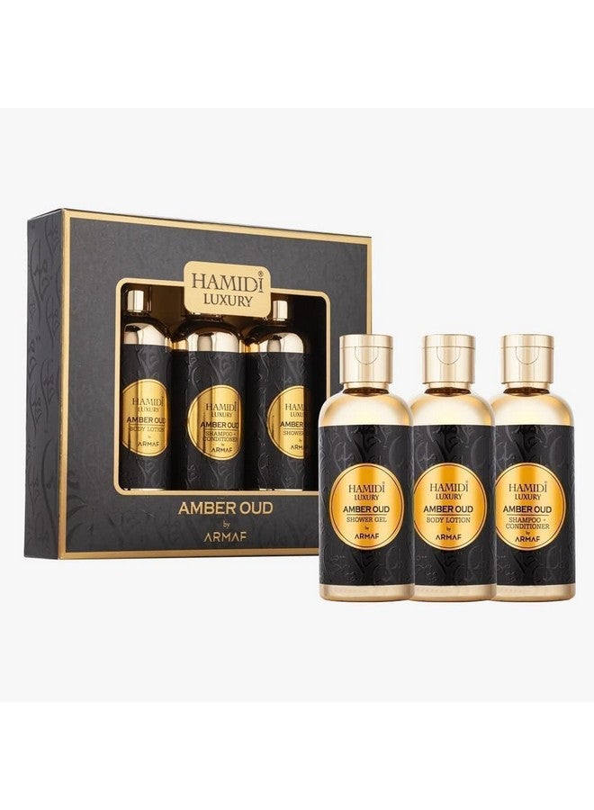 HAMIDI عطر هميدي الفاخر من العود، مجموعة هدايا مكونة من 3 قطع للرجال والنساء، جل استحمام، لوشن للجسم، شامبو وبلسم (2 في 1)، خالي من الكحول، للعناية اليومية - Image 2