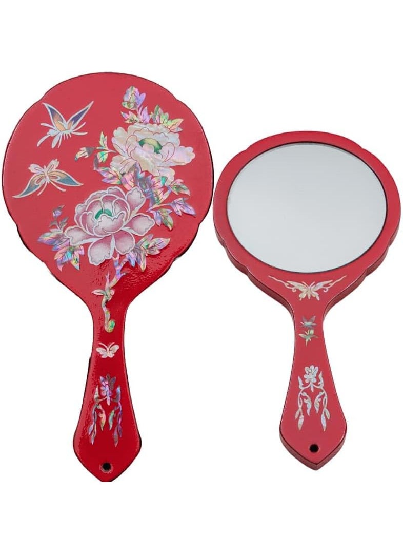 February Mountain February Mountain Handcrafted Korean Mother-of-Pearl Hand Mirror - Lacquered Flower and Butterfly Design, Elegant Makeup Vanity Mirror (Flower-Red) 