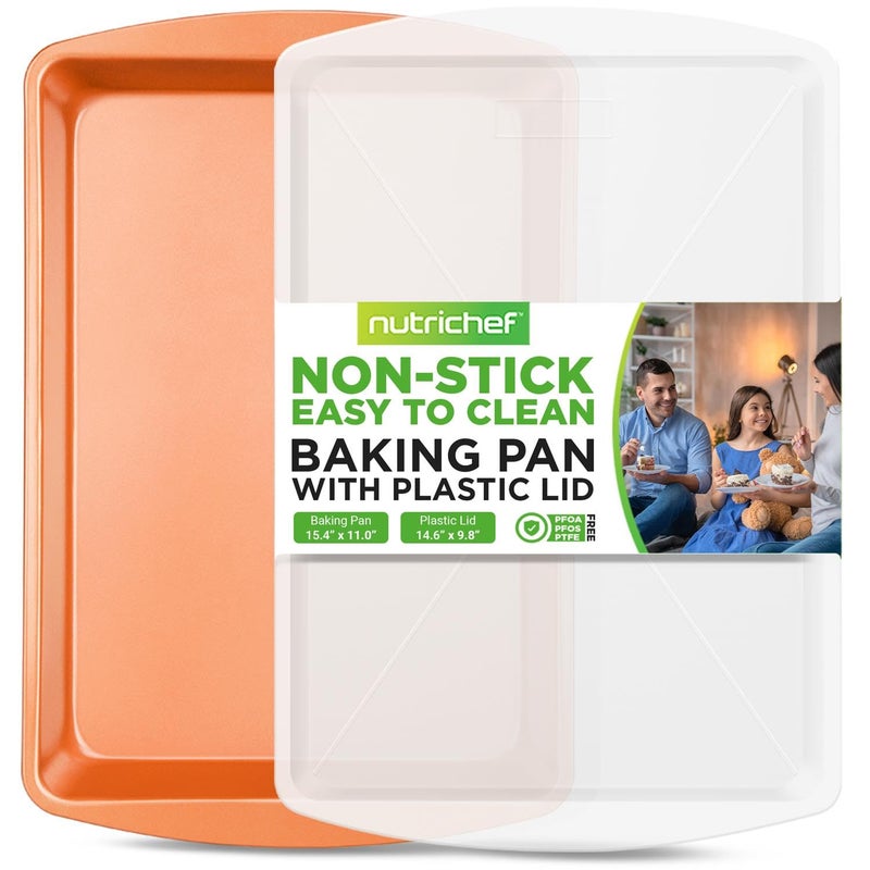 NutriChef Non-Stick Baking Pan w/Lid - Heavy Duty Carbon Steel Bake Tray for Roasting & Baking - Premium Multi-Layer Nonstick Coating, PTFE, PFOS, PFOA Free - 15" x 11", Copper - Image 1