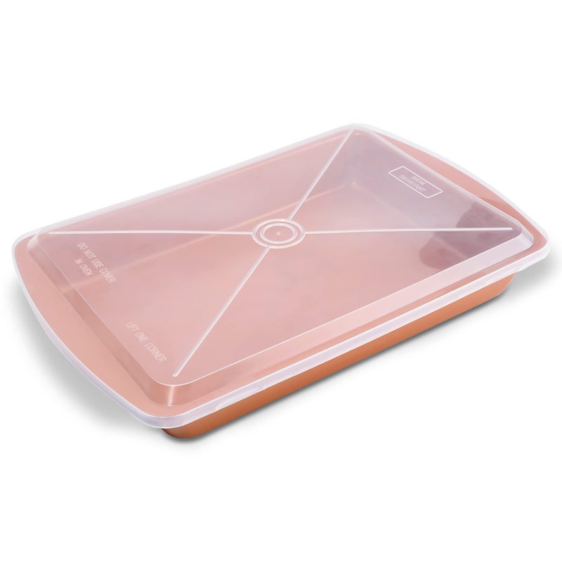 NutriChef Non-Stick Baking Pan w/Lid - Heavy Duty Carbon Steel Bake Tray for Roasting & Baking - Premium Multi-Layer Nonstick Coating, PTFE, PFOS, PFOA Free - 15" x 11", Copper - Image 4
