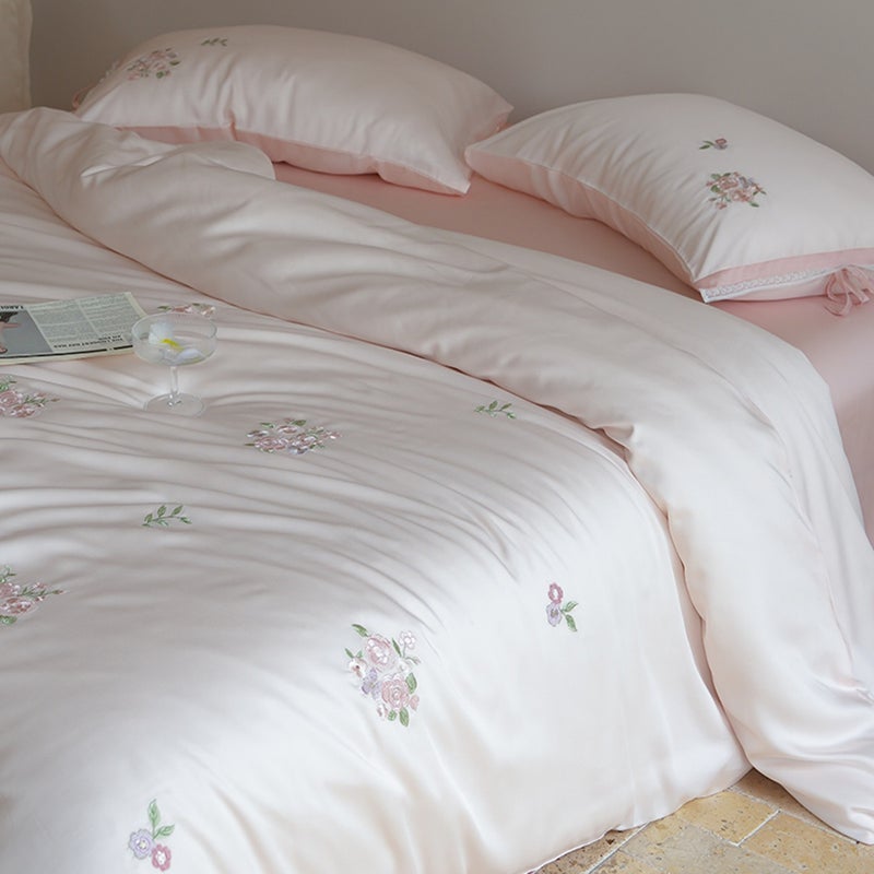 100% Austrian Lenzing Tencel 4-Piece Bed Sheet Set in Blossoms Path Pink – Summer Cooling, Silky Soft, Barefoot Sleep - Image 1