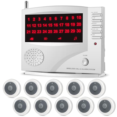 SYNLETT Wireless Calling System, Caregiver Pager for Nurses Station, 10 Waterproof Call Buttons with 1 Monitoring Unit for Emergency, Patients Seniors Clinic, 7 Languages Alert, White - Image 1