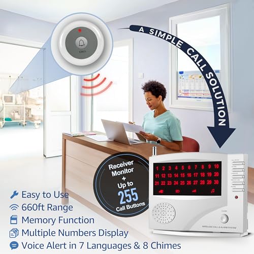 SYNLETT Wireless Calling System, Caregiver Pager for Nurses Station, 10 Waterproof Call Buttons with 1 Monitoring Unit for Emergency, Patients Seniors Clinic, 7 Languages Alert, White - Image 2