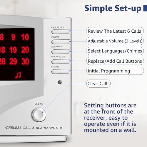 SYNLETT Wireless Calling System, Caregiver Pager for Nurses Station, 10 Waterproof Call Buttons with 1 Monitoring Unit for Emergency, Patients Seniors Clinic, 7 Languages Alert, White - Image 4