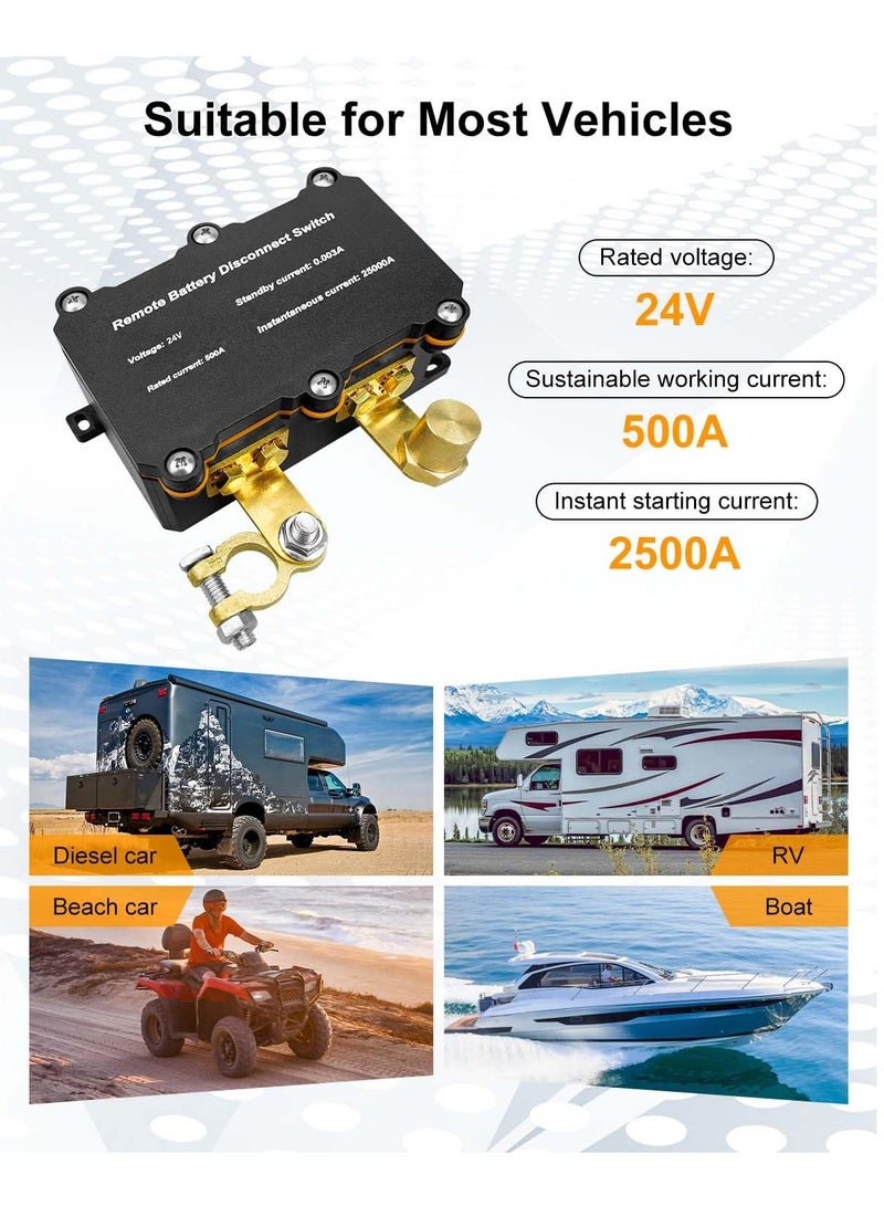 Smart 24V 500A Remote Battery Disconnect Switch, Anti-Theft Kill Switch for Cars, Trucks, RVs, Boats with 2 Wireless Remotes - Image 3