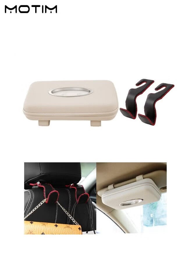 Motim 1 Pcs Car Tissue Holder, Car Sun Visor Napkin Holder,  Hanging Paper Towel Clip And 2 Pcs Leather Car Seat Headrest Hook, Vehicle Back Seat Organizer Hanger for Purse Groceries Bag  - Image 1