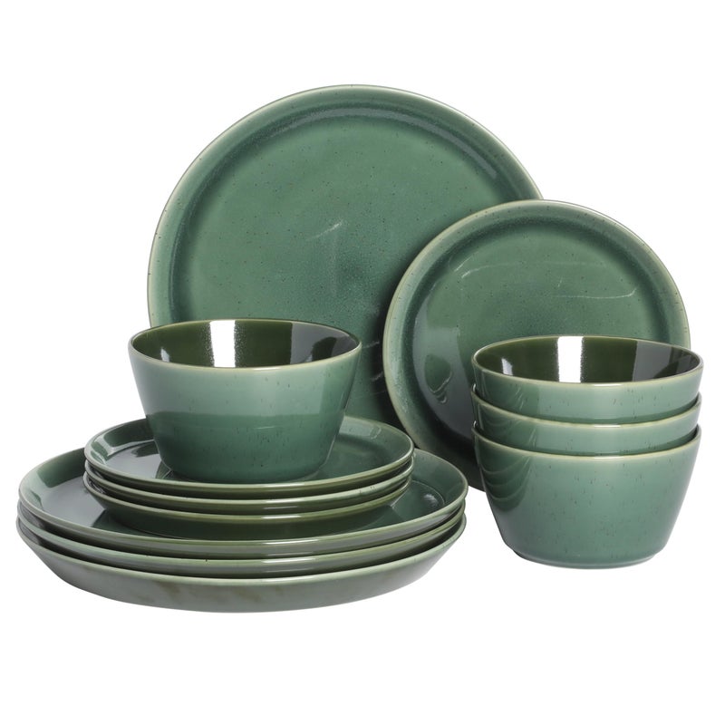 Gibson Elite 12 Piece (Service for 4) Fern Canyon Plates and Bowls Reactive Glaze Modern Coupe Round Dishes Stoneware Ceramic Dinnerware Set - Glossy Green - Image 1