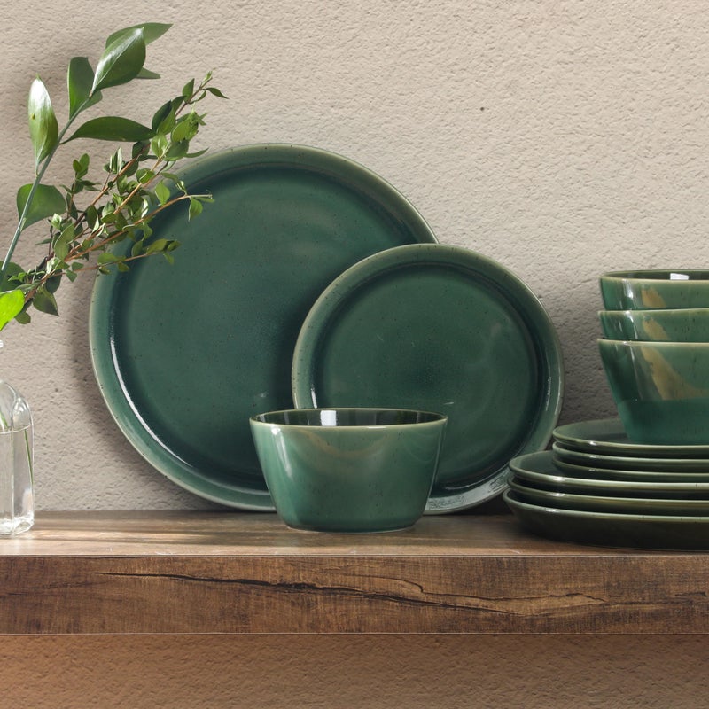 Gibson Elite 12 Piece (Service for 4) Fern Canyon Plates and Bowls Reactive Glaze Modern Coupe Round Dishes Stoneware Ceramic Dinnerware Set - Glossy Green - Image 5