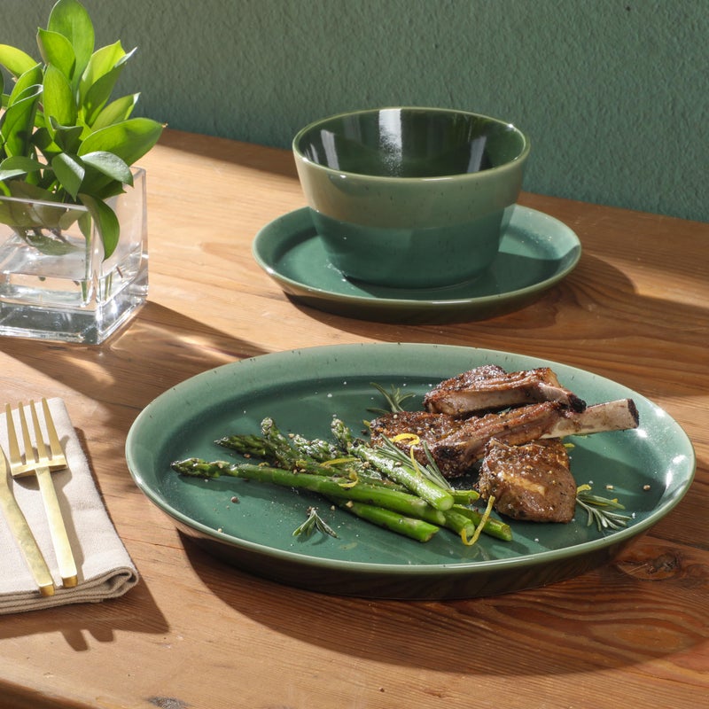 Gibson Elite 12 Piece (Service for 4) Fern Canyon Plates and Bowls Reactive Glaze Modern Coupe Round Dishes Stoneware Ceramic Dinnerware Set - Glossy Green - Image 2