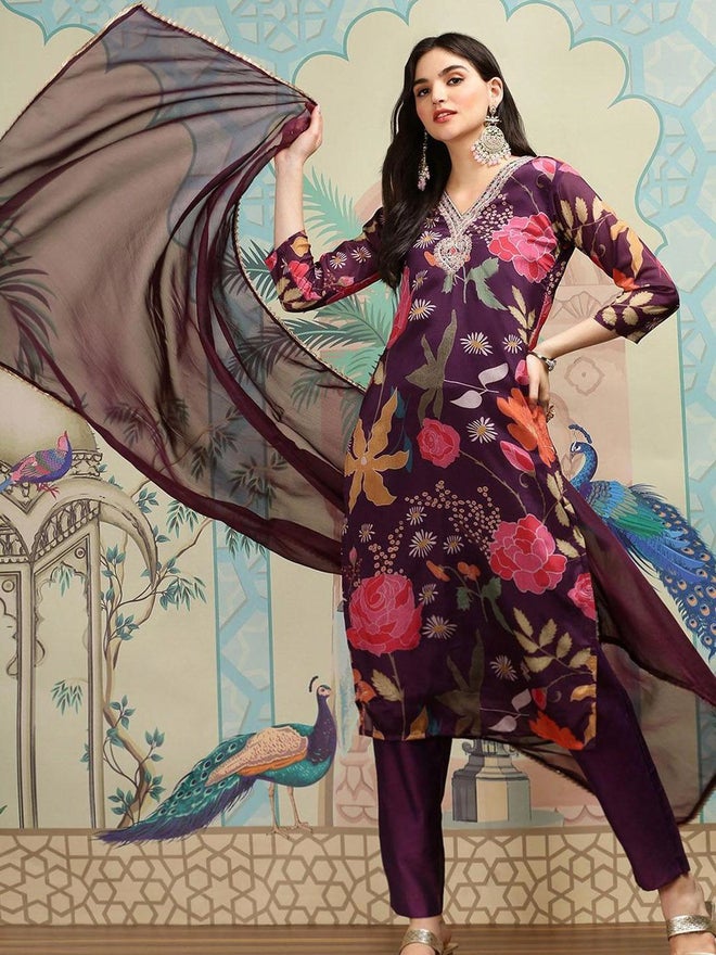 آي شين طقم كورتا نسائي مطبوع باللون البنفسجي مع بنطلون وشال - Image 1