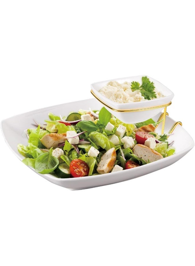 Orchid 2Pcs Square Dip Bowl With Gold Stand, Chip and Dip Bowls For Cracker and Snack, 2 Tier Salad Fruits Basket Appetizers Serving Platters Tray Dishes For Family Dinner Party Buffet - Image 1