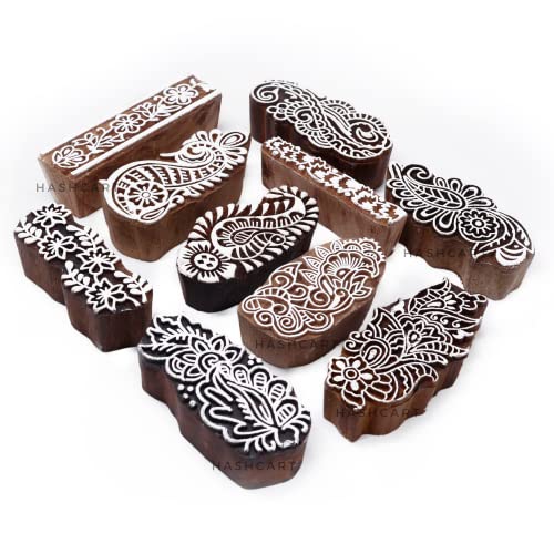 Hashcart | Set of 10 | Paisley Design Wooden Printing Stamps for Scrapbooking | Fabric Designing | Art Craft | Pottery Craft | Kids Project Designing | Saree Border - Image 1