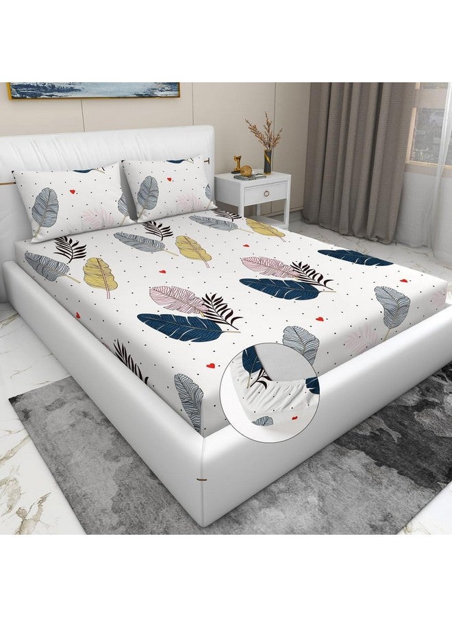 RD TREND Presents Luxurious Glace Cotton Super Soft 210 TC 360° Elastic Fitted Bedsheet Queen Size (78X60X8 Inch) with 2 Pillow Covers, Color-Cream Multi Pankh - Image 1