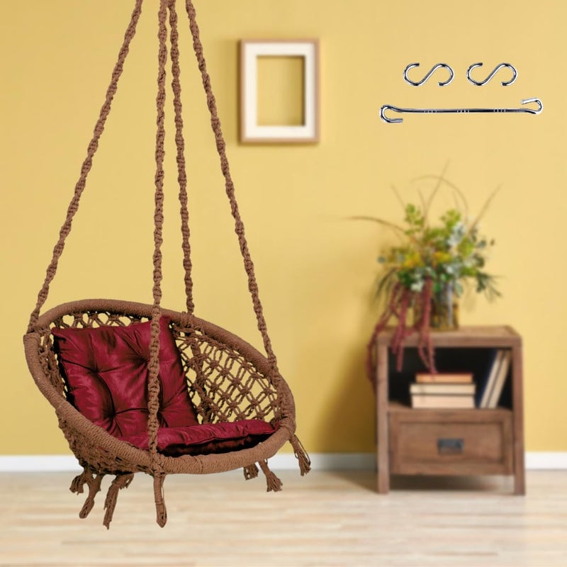Swingzy Cotton Netted Rope Round Hanging Swing for Kids AdultsSwing Chair with Red LCushion for Indoor Outdoor Patio Swing Chair with Free Hanging Accessories 120 kgs Capacity Brown