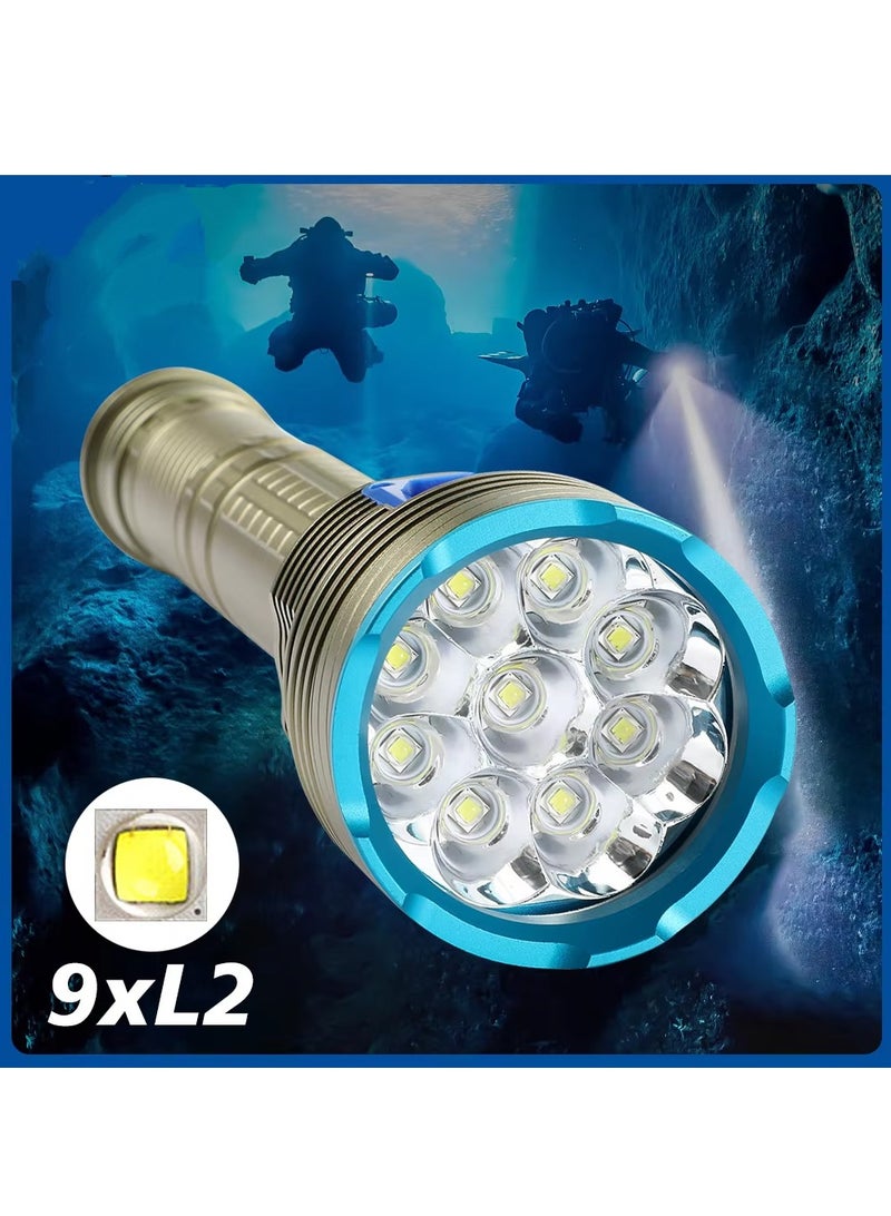 Scuba Flashlight Professional Underwater Diving IPX68 Waterproof Torch 9 LED Light For Caving Snorkeling Spearfishing Lamp(White Light)