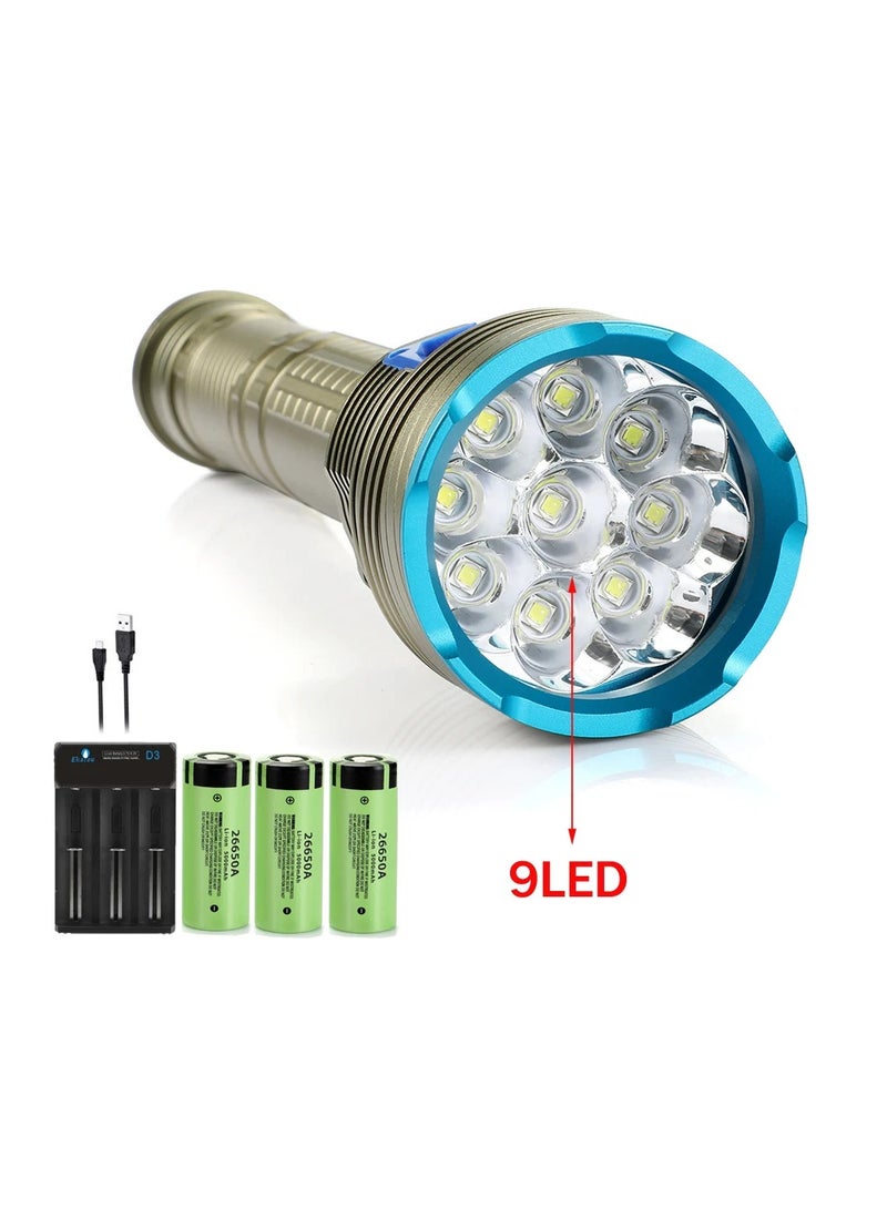 Scuba Flashlight Professional Underwater Diving IPX68 Waterproof Torch 9 LED Light For Caving Snorkeling Spearfishing Lamp(White Light)