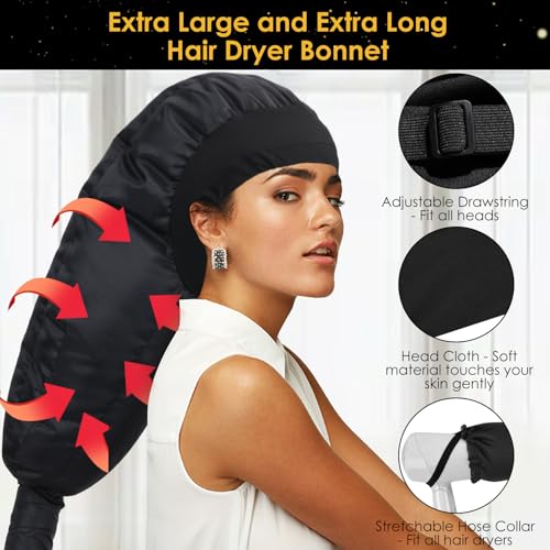 TEPENAR Hair Dryer Bonnet Attachment: Upgraded Extra Large Hooded Dryer Adjustable Hair Dryer Caps - Easy to Use for Natural Curly Textured Hair Care Styling Fast Drying - Black - Image 2