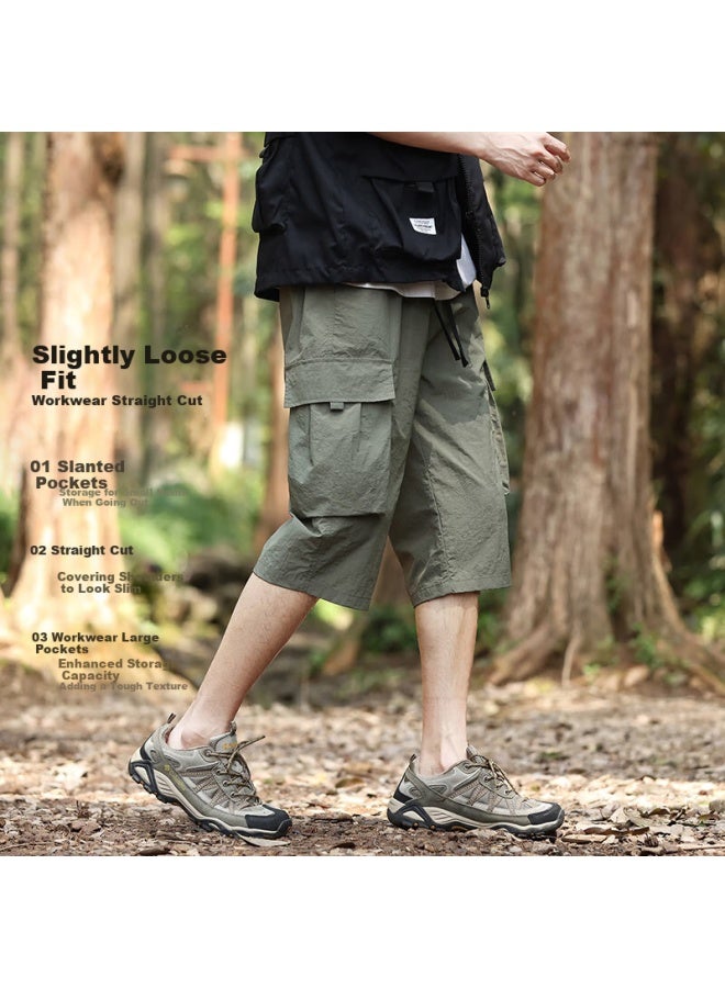 Vancamel Men's Summer Thin Ice Silk Quick-drying Seven-point Outdoor Loose Breathable Sports Shorts Army Green 2XL - Image 1