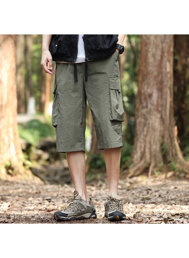 Vancamel Men's Summer Thin Ice Silk Quick-drying Seven-point Outdoor Loose Breathable Sports Shorts Army Green 2XL - Image 2