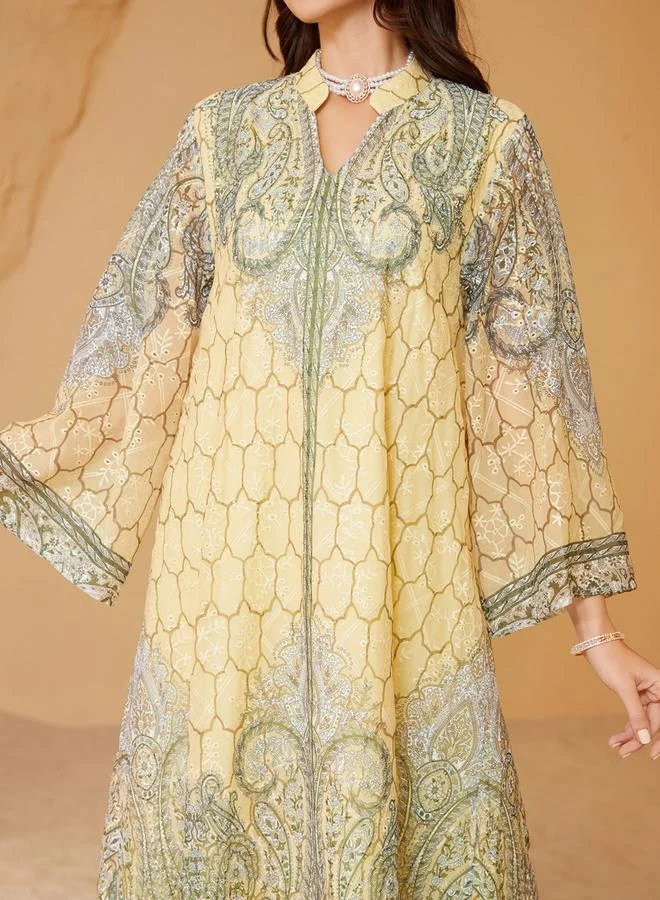 تايك تو جلابية مزينة بطبعة زهور بحافة واسعة