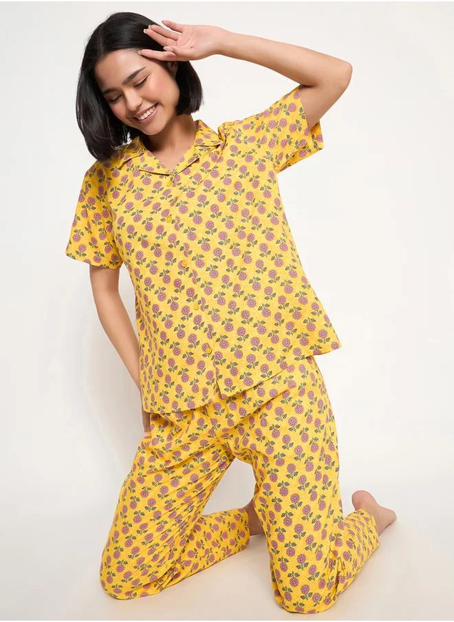 Clovia Clovia Sunflower Print Short Sleeve Shirt and Pyjama Set