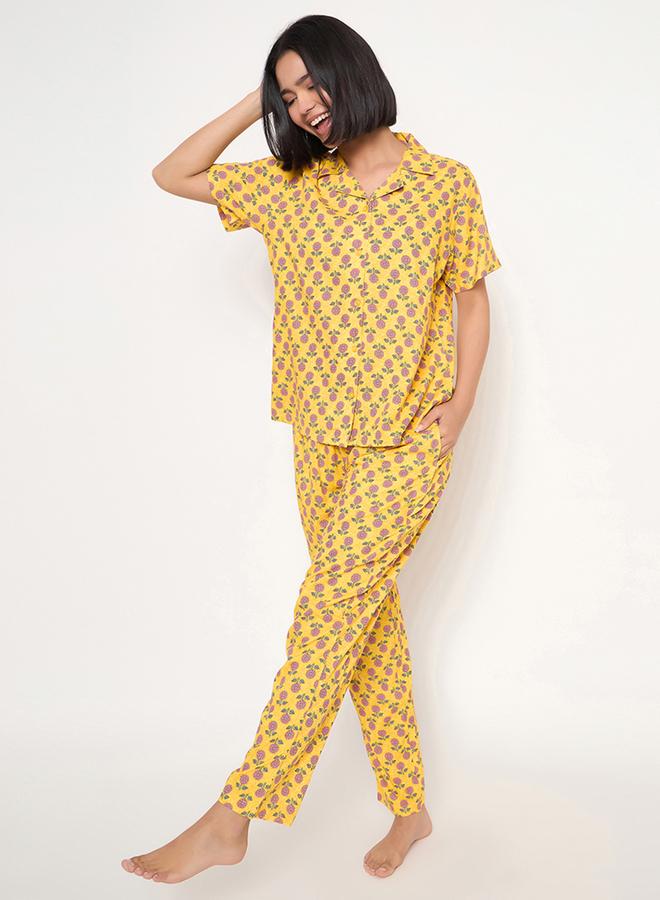 Clovia Sunflower Print Short Sleeve Shirt and Pyjama Set - Image 3