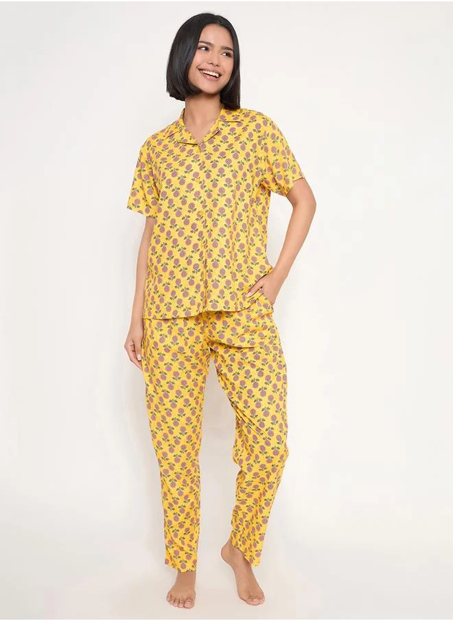 Clovia Clovia Sunflower Print Short Sleeve Shirt and Pyjama Set