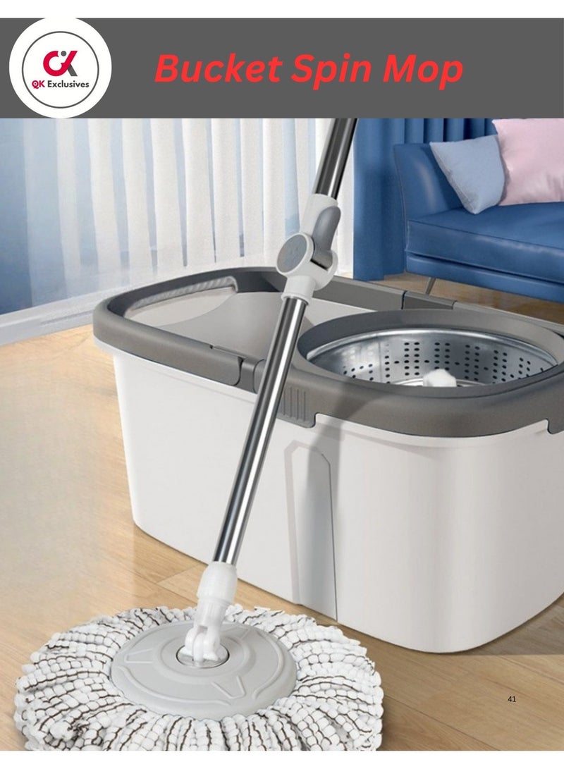 QK Exclusives- 360° Spin Mop bucket Set With Steel Bowl and Bucket System with 1 Replacement Heads, Stainless Steel Adjustable Handle - Floor Cleaning Mop for Home, Kitchen, Bathroom, Tile, Hardwood Floors – Self-Wringing, Hands-Free - Image 2