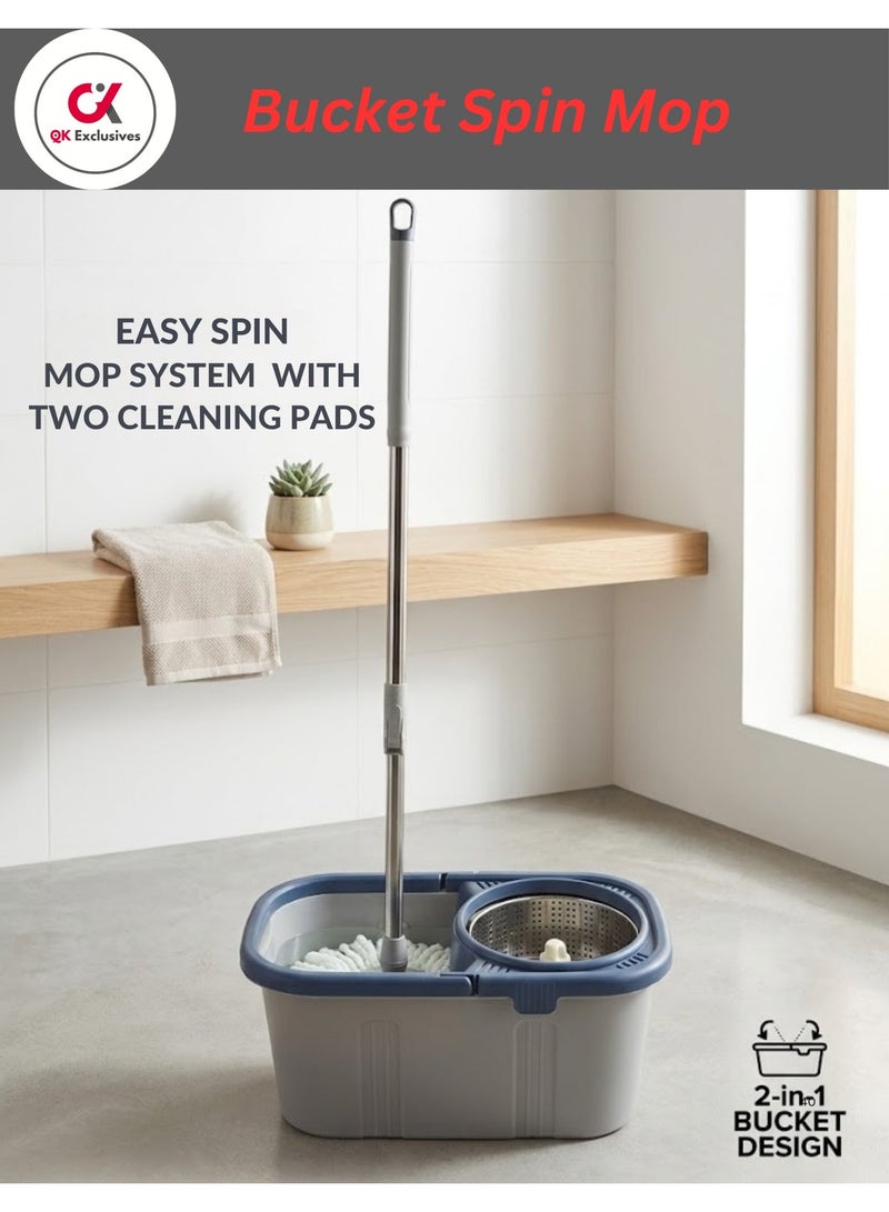 QK Exclusives- 360° Spin Mop bucket Set With Steel Bowl and Bucket System with 1 Replacement Heads, Stainless Steel Adjustable Handle - Floor Cleaning Mop for Home, Kitchen, Bathroom, Tile, Hardwood Floors – Self-Wringing, Hands-Free - Image 1