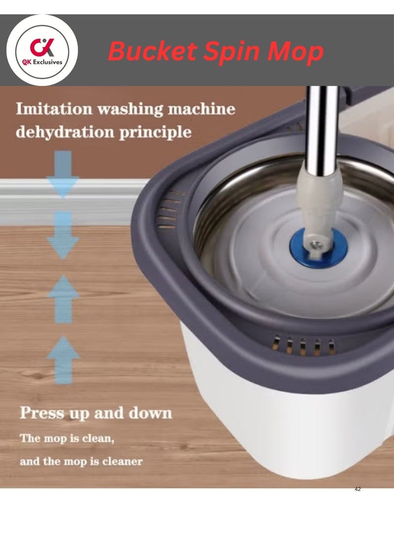 QK Exclusives- 360° Spin Mop bucket Set With Steel Bowl and Bucket System with 1 Replacement Heads, Stainless Steel Adjustable Handle - Floor Cleaning Mop for Home, Kitchen, Bathroom, Tile, Hardwood Floors – Self-Wringing, Hands-Free - Image 4