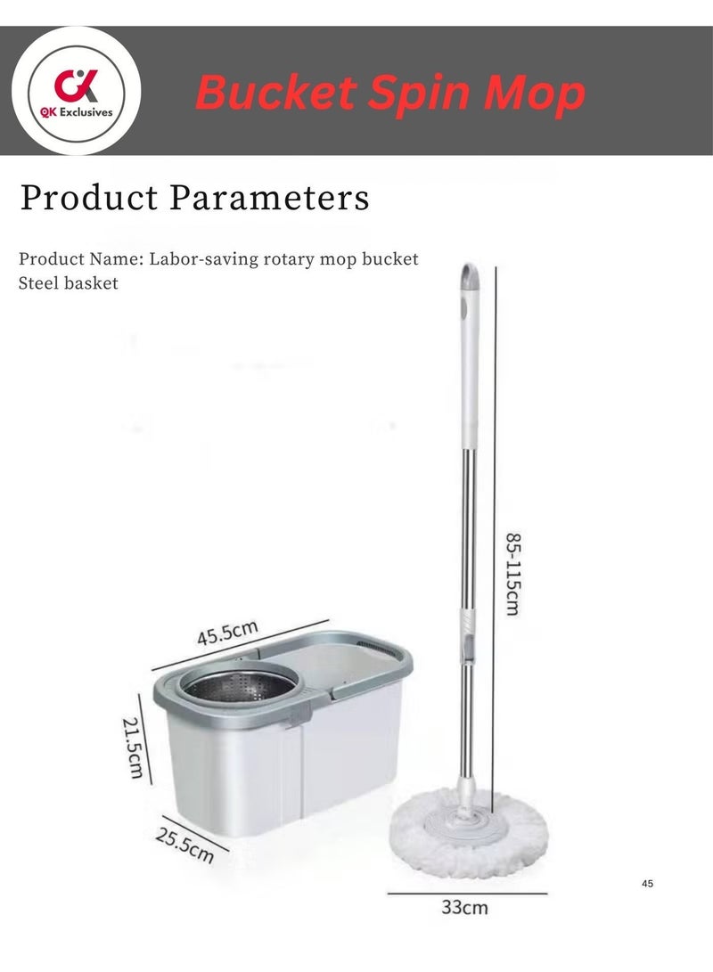 QK Exclusives- 360° Spin Mop bucket Set With Steel Bowl and Bucket System with 1 Replacement Heads, Stainless Steel Adjustable Handle - Floor Cleaning Mop for Home, Kitchen, Bathroom, Tile, Hardwood Floors – Self-Wringing, Hands-Free - Image 3