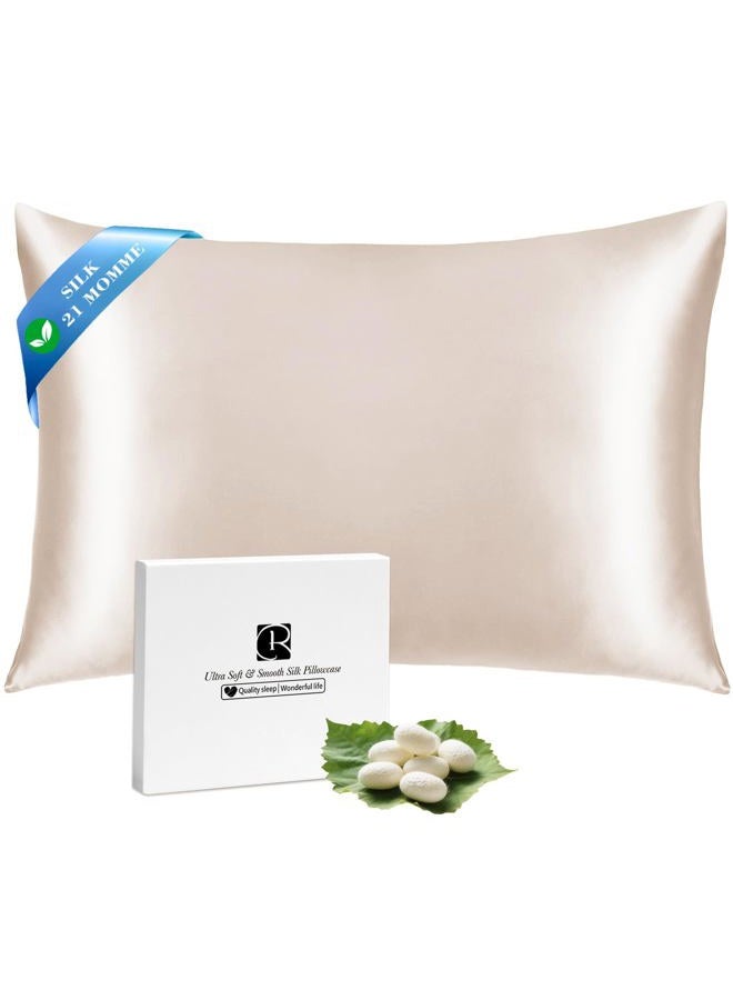 Ravmix Silk Pillowcase for Hair and Skin with Hidden Zipper, Both Sides 21Momme Mulberry Silk Cooling Pillow Case Queen Size 20×30inches, 1PCS, Beige - Image 1