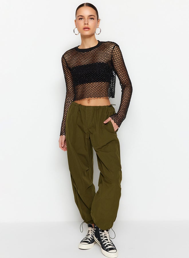 trendyol Black Lurex Mesh Relaxed Cut Crew Neck Crop Knitted Blouse  - Image 3