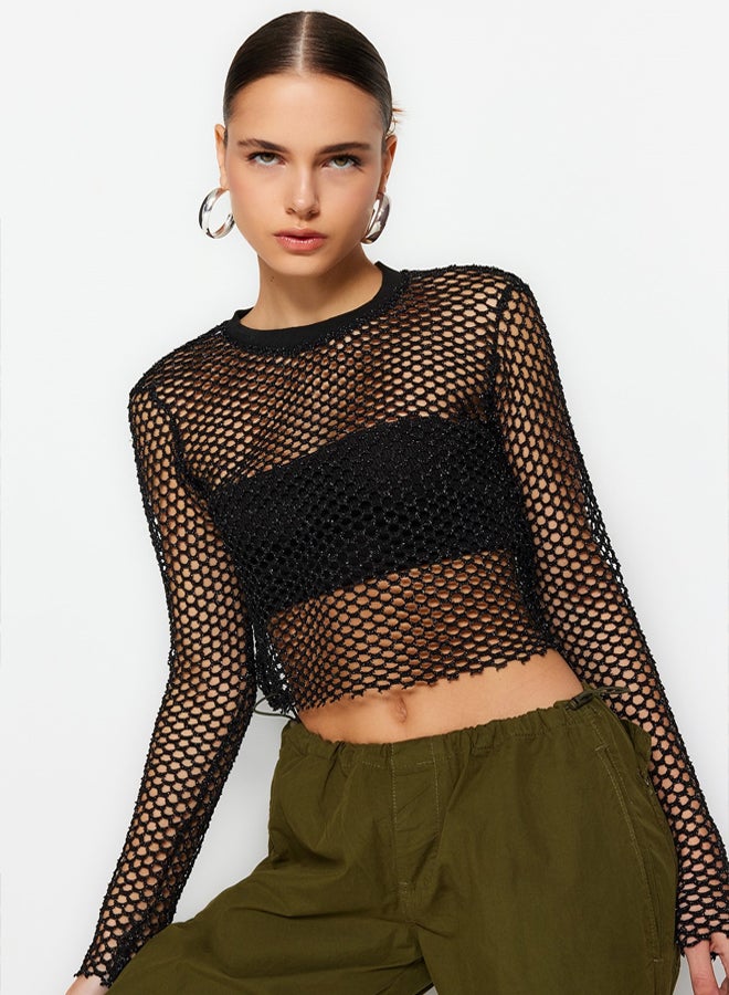 trendyol Black Lurex Mesh Relaxed Cut Crew Neck Crop Knitted Blouse  - Image 1