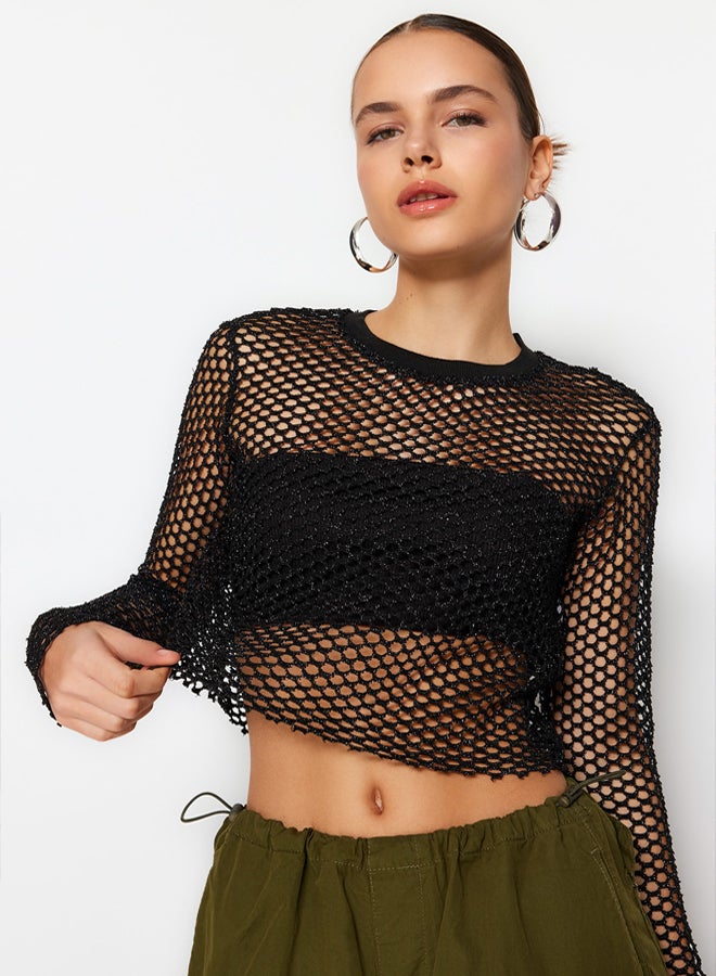 trendyol Black Lurex Mesh Relaxed Cut Crew Neck Crop Knitted Blouse  - Image 2