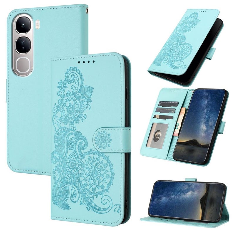 BURAQ Case Cover For vivo Y300 / vivo V40 Lite 4G / 5G IDN Datura Flower Embossed Flip Leather Phone Case(Light blue) - Image 1