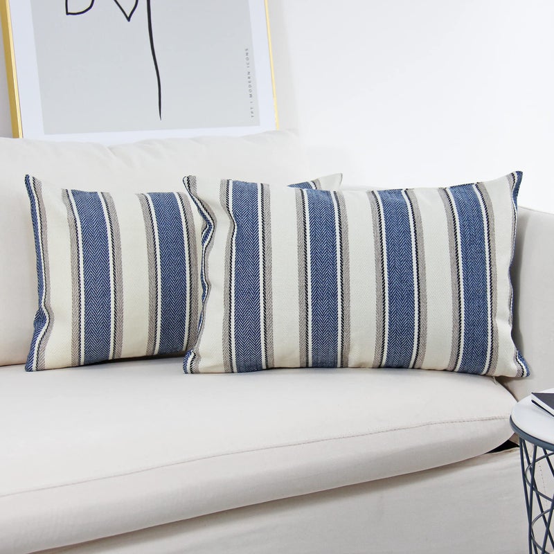 JOJUSIS Stripe Throw Pillow Covers Farmhouse Pillowcases Pack of 2 12 x 20 Inch Blue