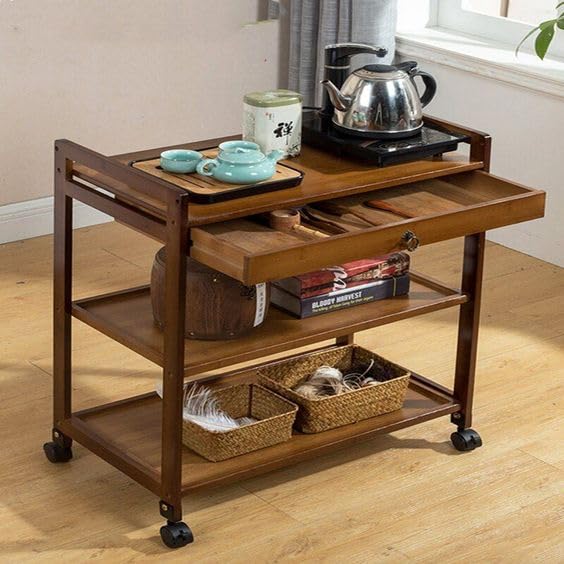 VM DECOR VM DECOR Solid Wood Rolling Utility Serving Trolley 3Level Wooden Serving Trolley with Pull Out Tray Dark Brown Finish 