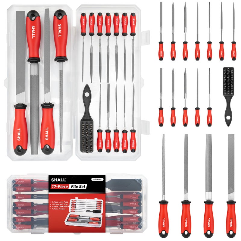 SHALL 17Pcs Metal File Set - Premium Grade T12 Drop Forged Alloy Steel - Flat/Triangle/Half-round/Round Large File & 12pcs Needle Files with Storage Box, Wire Brush - for Metal, Wood & Plastic - Image 1