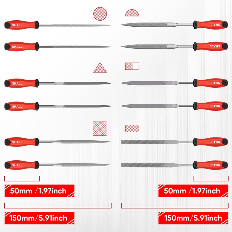 SHALL 17Pcs Metal File Set - Premium Grade T12 Drop Forged Alloy Steel - Flat/Triangle/Half-round/Round Large File & 12pcs Needle Files with Storage Box, Wire Brush - for Metal, Wood & Plastic - Image 3