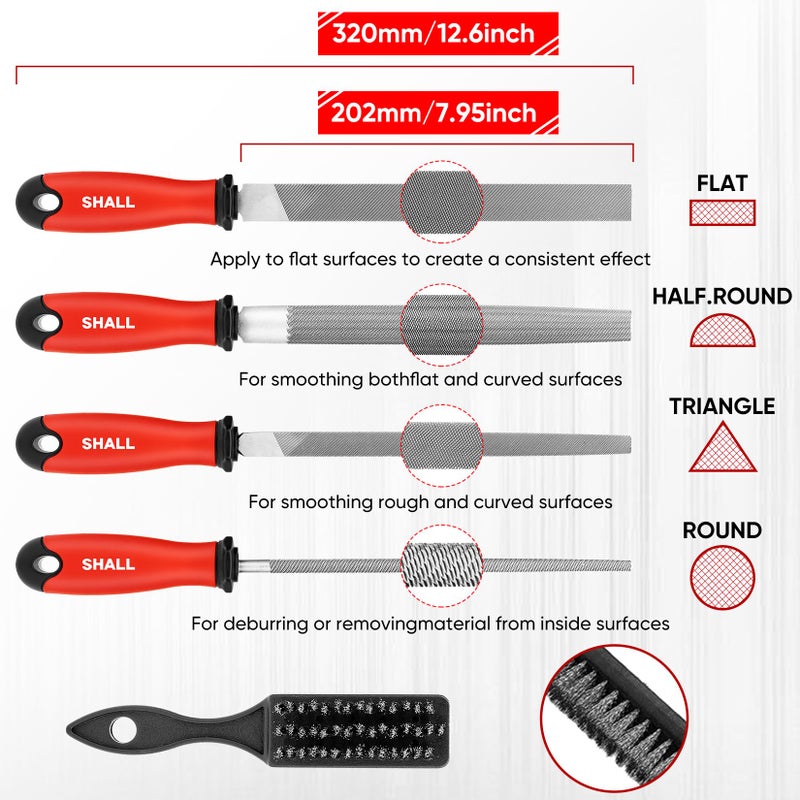 SHALL 17Pcs Metal File Set - Premium Grade T12 Drop Forged Alloy Steel - Flat/Triangle/Half-round/Round Large File & 12pcs Needle Files with Storage Box, Wire Brush - for Metal, Wood & Plastic - Image 2
