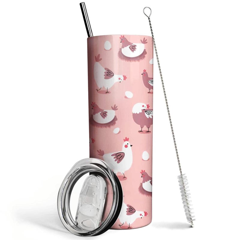 Mofvugz Chicken Tumbler with Lid and Straw Chicken Gifts for Chicken Lovers Women Girls Cute Hen Chicken Mug Skinny Tumbler CupPink Farm Animals Insulated Coffee Mug 20 OzChicken Stuff Decor